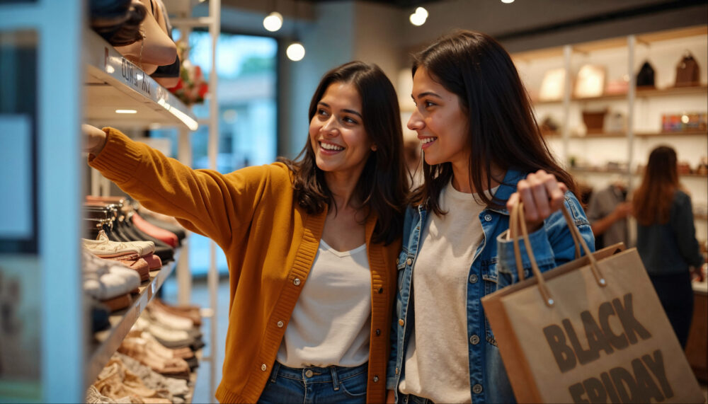 Duas mulheres sorridentes fazendo compras numa loja de calçados.