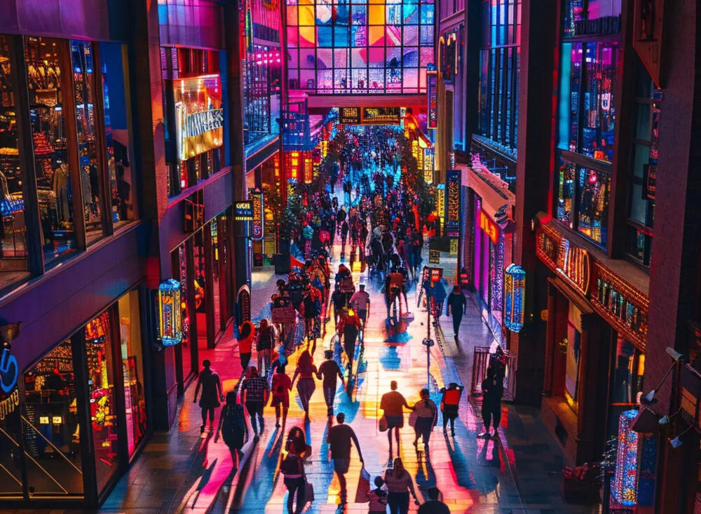 Multidão de pessoas circulando no shopping