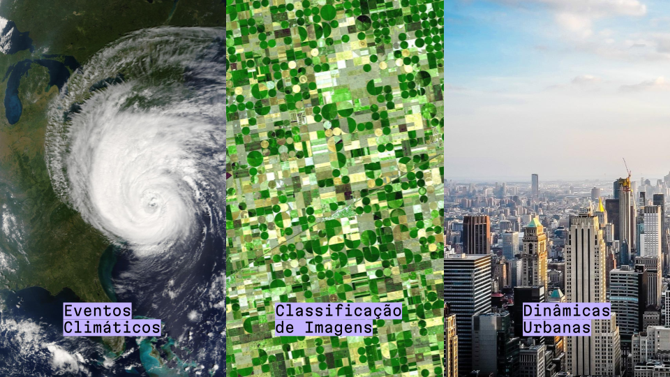 uma colagem de fotos de uma cidade, um furacão e um mapa segmentado em várias áreas