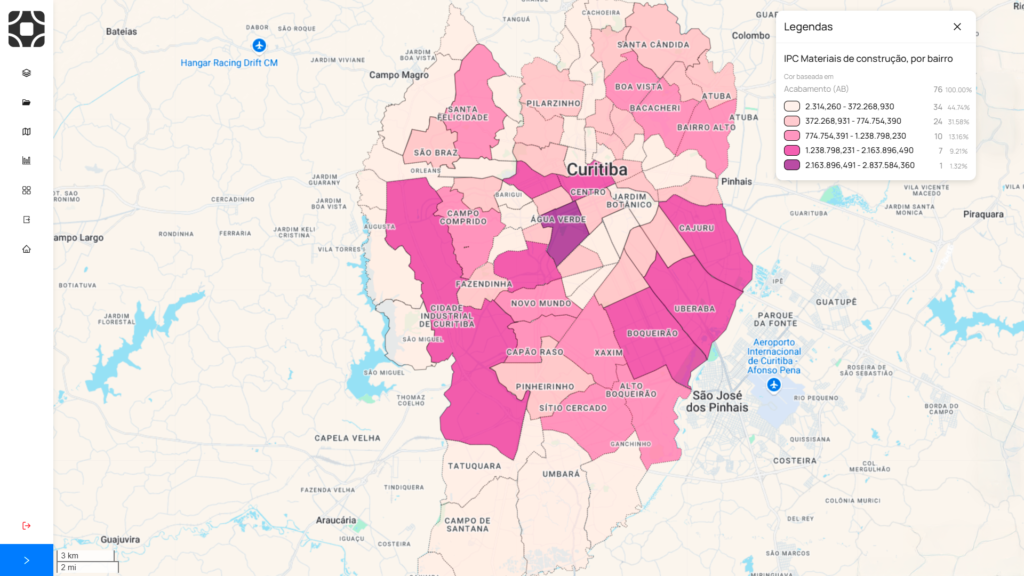 Exemplo de mapa mostrando como criar promoções de serviços e produtos personalizados, mostrando o índice de Potencial de Consumo de Materiais de Construção, aonde o mais claro tem menor número e mais escuro tem maior número.