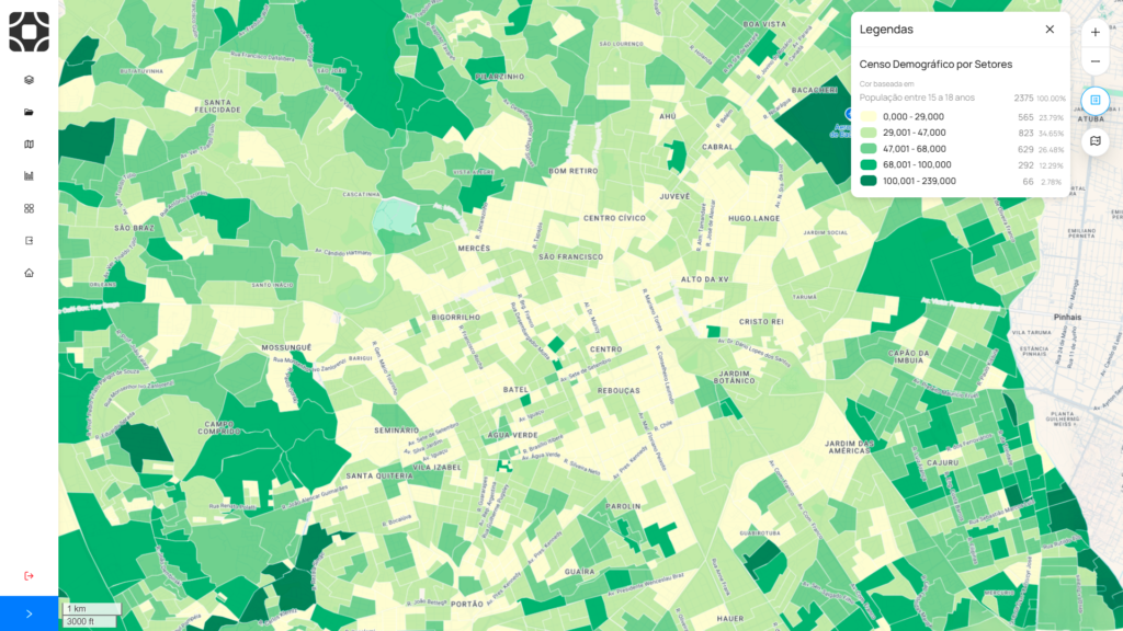 Exemplo de mapa mostrando como definir suas regiões geográficas com geolocalização, mostrando o censo demográfico por população, aonde o mais claro tem menor número e mais escuro tem maior número.