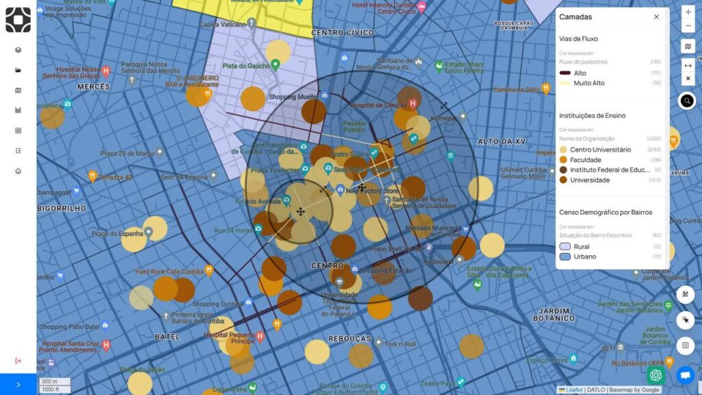 Analise da plataforma Datlo, com base em estudos do IBGE sobre áreas urbanas e rurais com fluxo de pedestres