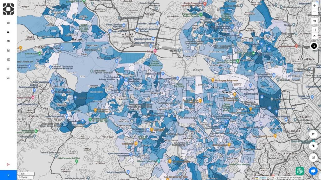 Análise da plataforma da Datlo, voltada para estudo de casos de IBGE, analisando regiões metropolitanas de São Paulo.