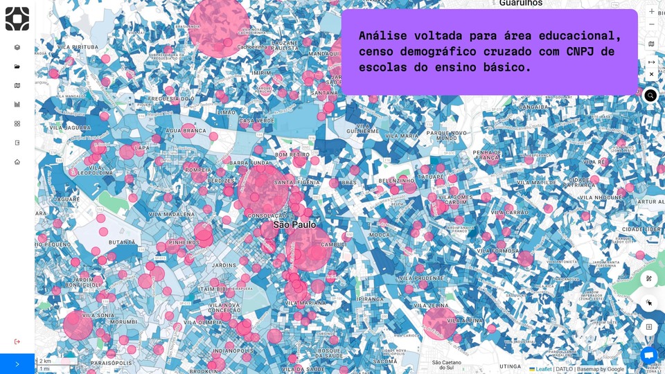 Análise feita pela plataforma da Datlo, para representar análise de dados, com cruzamentos de dados demográficos e CNPJ para mostrar a prospecção de rede de ensinos que tem interesse sobre determinada área e expansão dos seus polos.