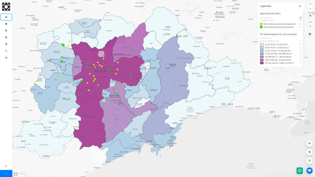 Análise realizada para exemplificar como a plataforma da Datlo exerce o trabalho referente a CNAE, a região analisada é a estado de São Paulo, as cores são do roxo mais claro ao tom azul-claro. 
As CNAE estão representadas em pontos na cor verde e amarela.