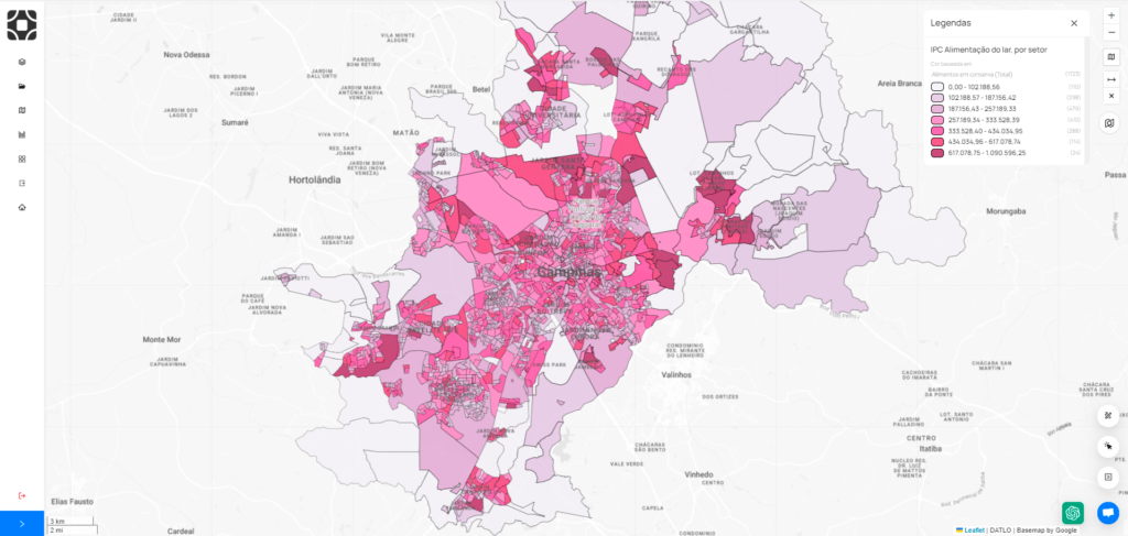 Analise sobre Índice de potencial de consumo realizada pela plataforma da Datlo, na região de Campinas.