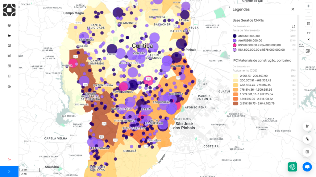 Análise da classe social do índice de potencial de consumo de Curitiba para materiais de construções com CNAE de fornecedores de acabamentos.