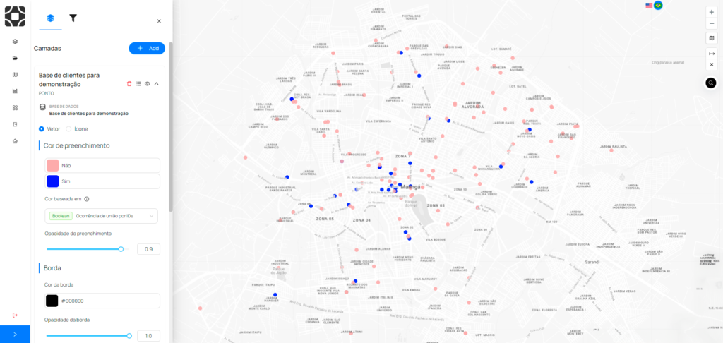 Mapa exemplificando a união entre bases para entender mais sobre o Market Share e ver oportunidades de clientes.