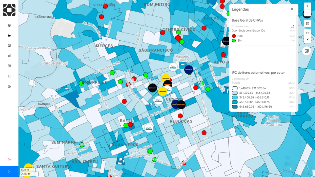 Mapa exemplificando a união entre bases para entender mais sobre o Market Share e ver oportunidades de clientes.