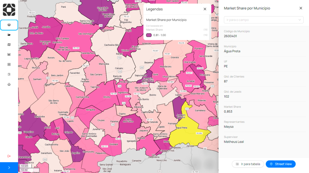 Mapa exemplificando como podemos ver o Market Share dentro da plataforma da Datlo.