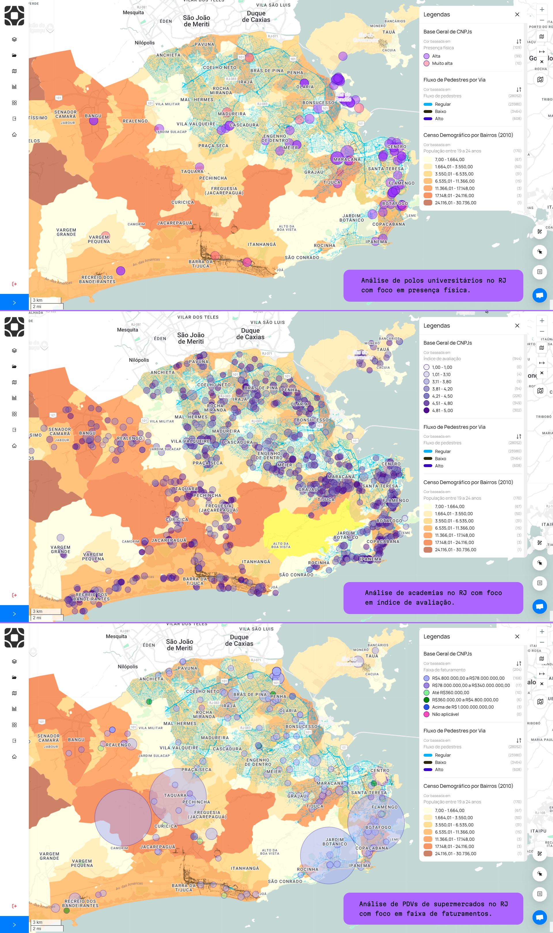 Imagem sobre análise realizada na plataforma de geolocalização da Datlo. A análise é de uma empresa fictícia de uma indústria de energético, focado no Rio de Janeiro. A análise foi criada para que simbolizar locais de novos pontos de vendas, parcerias e distribuição dos produtos. O foco da análise utiliza CNPJ de supermercados, faculdades e academias.