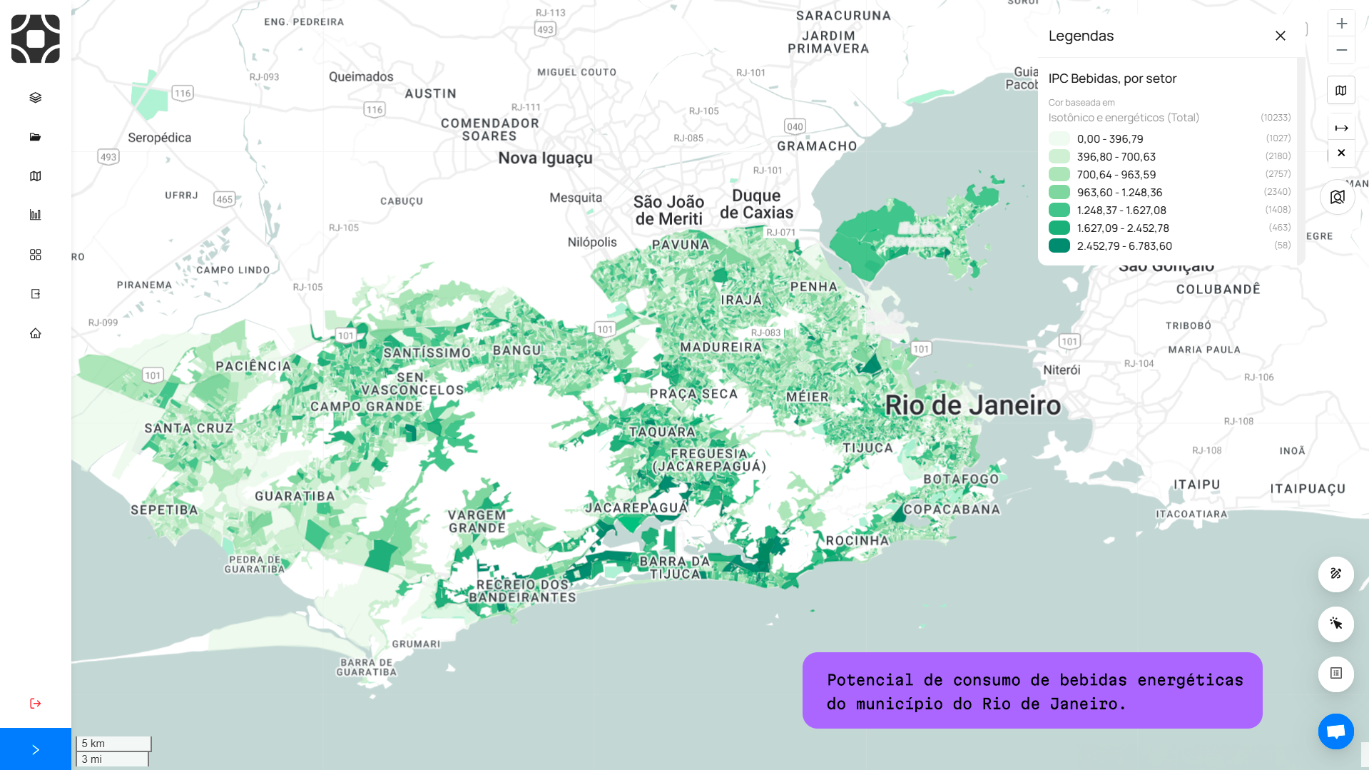 Imagem sobre potencial de consumo da plataforma de geolocalização da Datlo. Na imagem a análise é referente ao potencial de consumo de bebidas, medida por setor, na cidade do Rio de Janeiro, o foco são bebidas energéticas. O mapa é verde dos tons mais claros ao mais escuro, há uma legenda na foto na cor roxa, escrito: Potencial de consumo de bebidas energéticas do Município do Rio de Janeiro