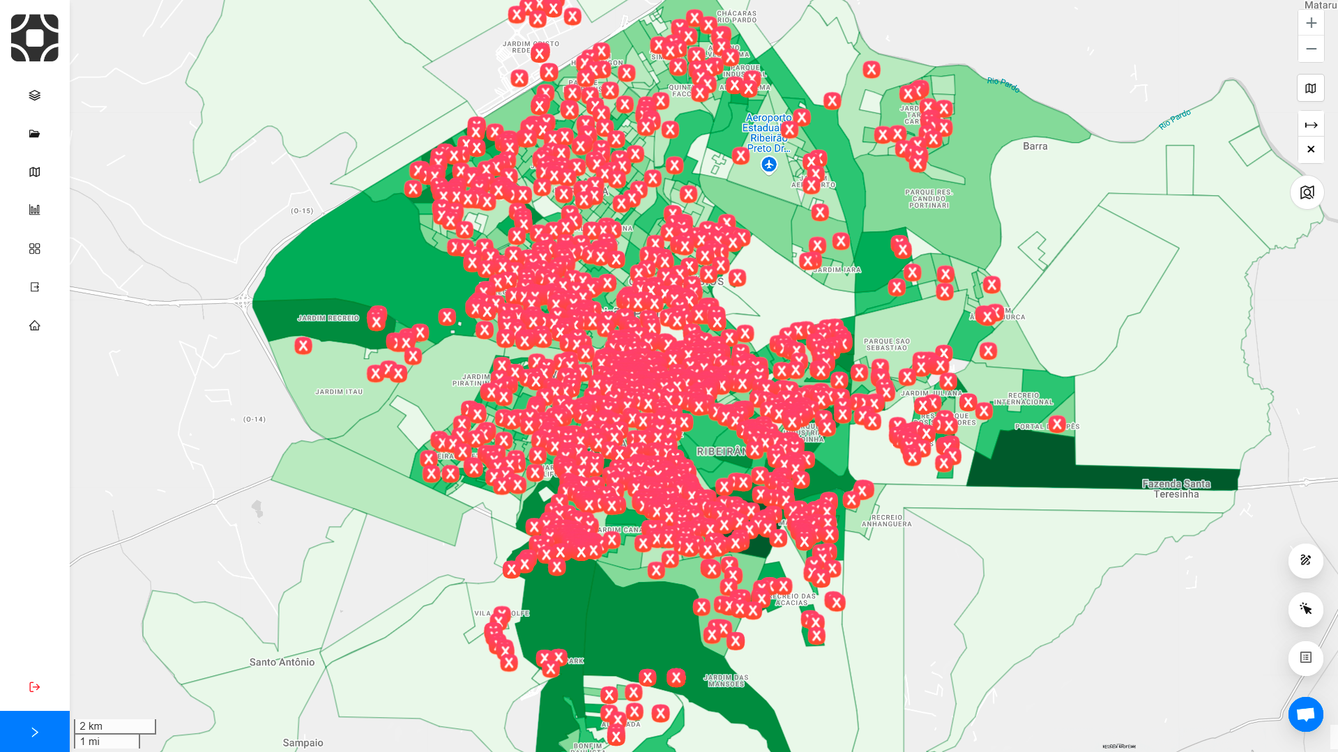 Análise realizada na plataforma da Datlo, exemplificando quando uma empresa não realiza uma boa gestão. Na imagem já ícones simbolizando o X que está em vermelho, com grande saturações em diversas áreas.