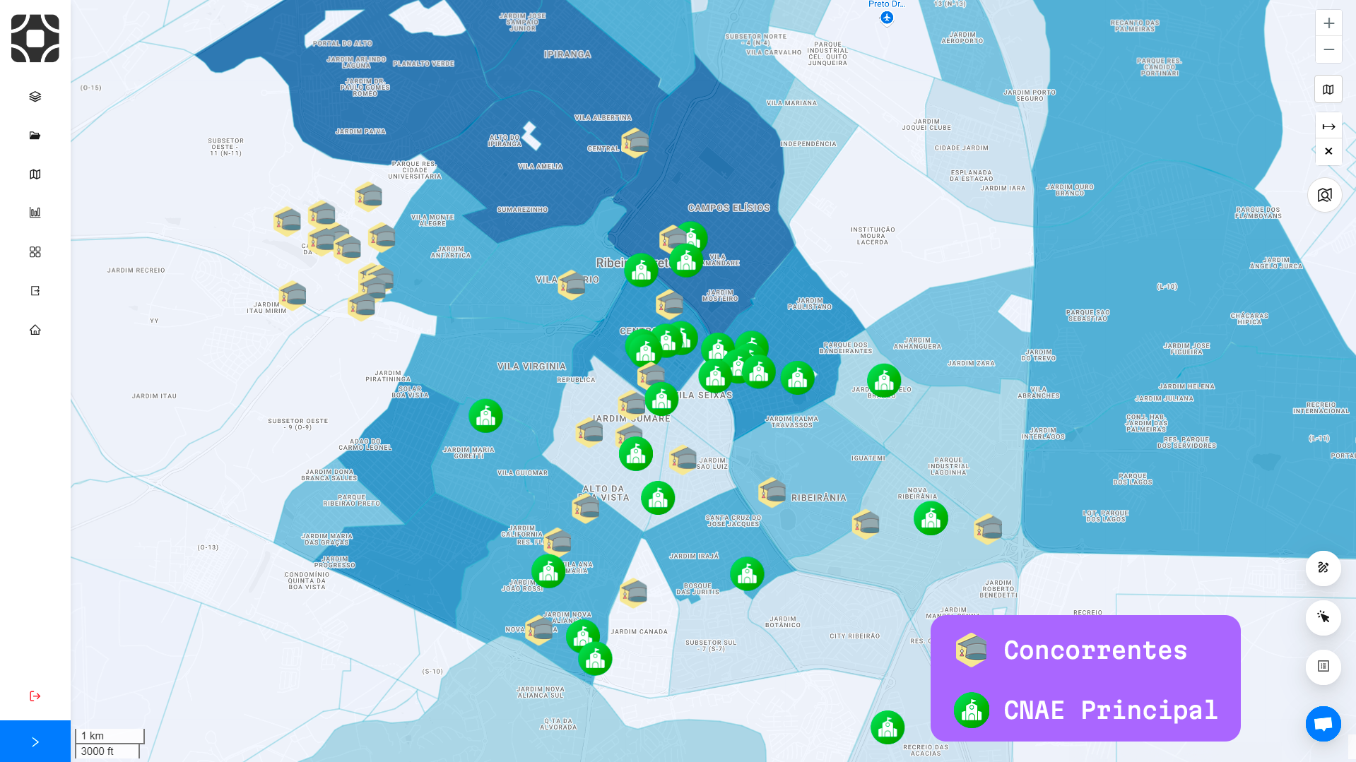 Análise da plataforma da Datlo sobre o assunto gestão territorial, na análise há um mapa que demonstra a comparação entre atuação de uma empresa principal, representada por um ícone de escola verde e a presença de concorrentes, representada por um ícone de capelo de formatura.