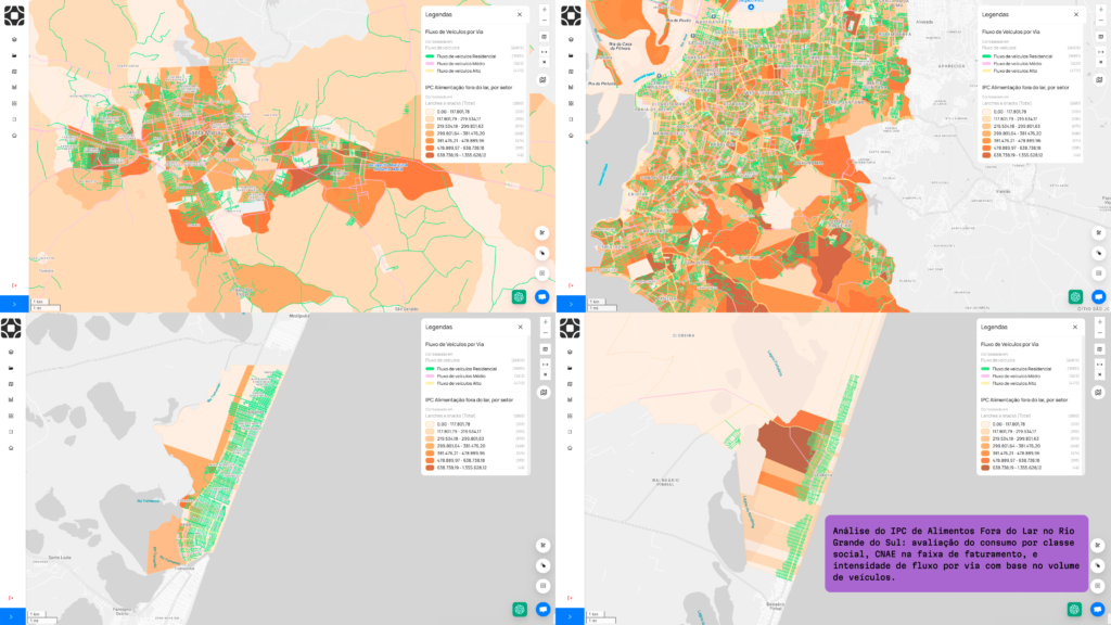 Análise da plataforma da Datlo sobre Potencial de Consumo fora do lar no Rio Grande do Sul, avaliado potencial de consumo por classe social e CNAE focado em faturamento e fluxo das vias sobre volume de veículos,