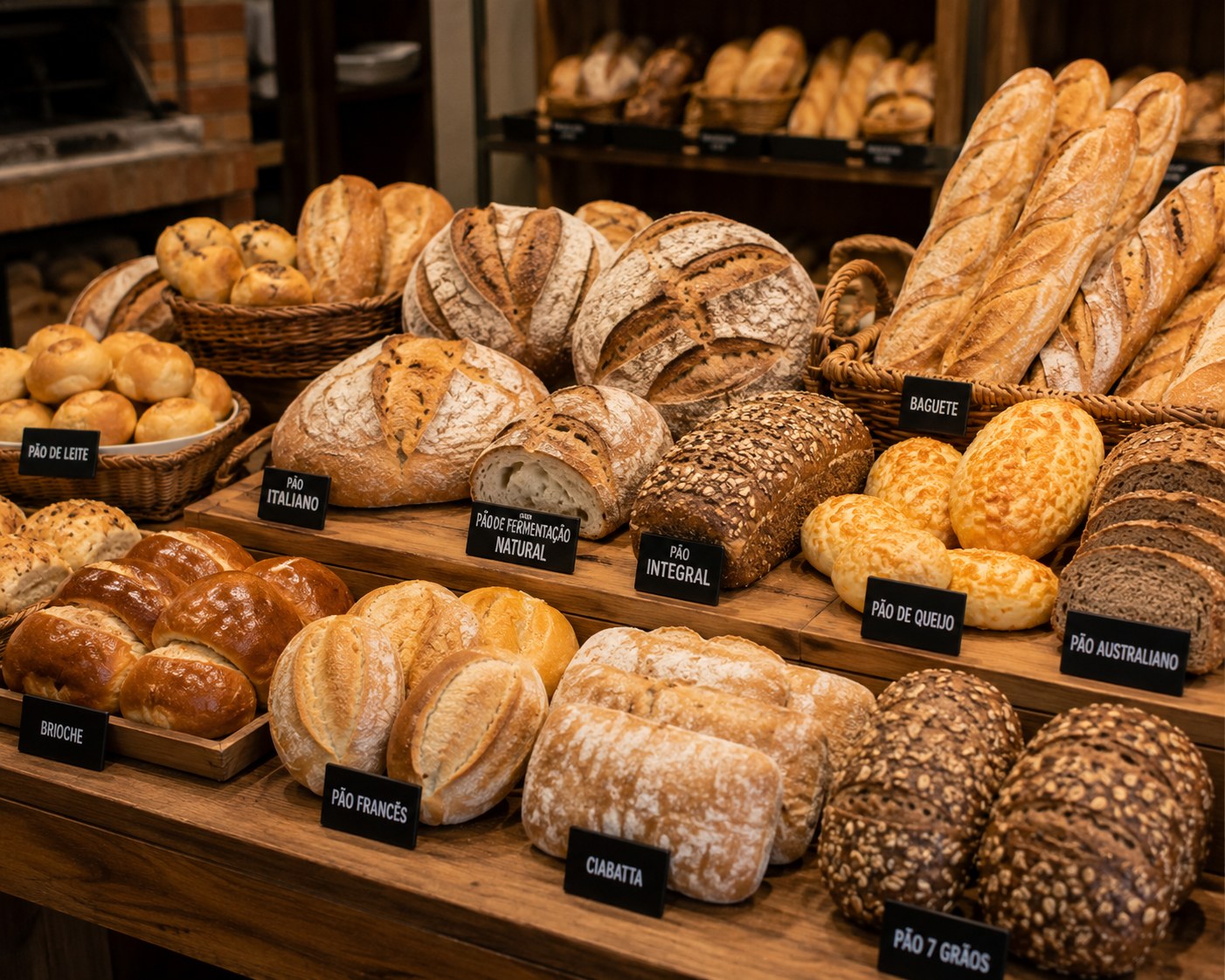 Pães artesanais de padaria sobre bancada enfarinhada
